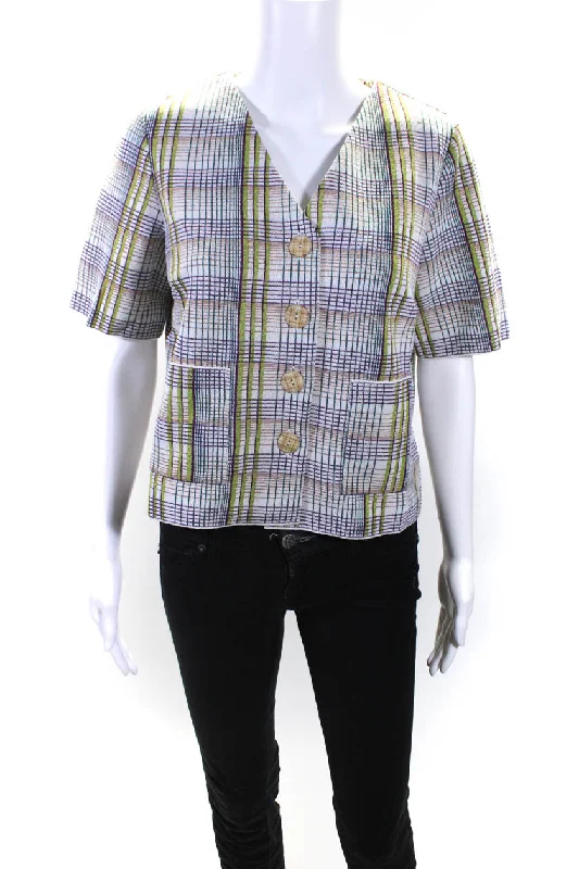 Catherine Andre Womens Short Sleeve Knit Plaid V Neck Jacket Green White Medium