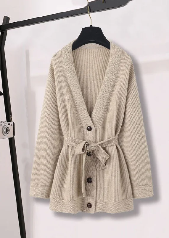 Classy Apricot Oversized Tie Waist Knit Coat Fall