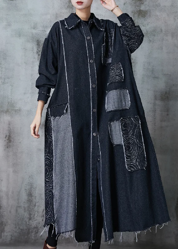 Classy Black Oversized Patchwork Applique Denim Coat Spring