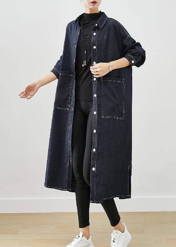 Classy Black Oversized Pockets Side Open Denim Trench Coats Fall