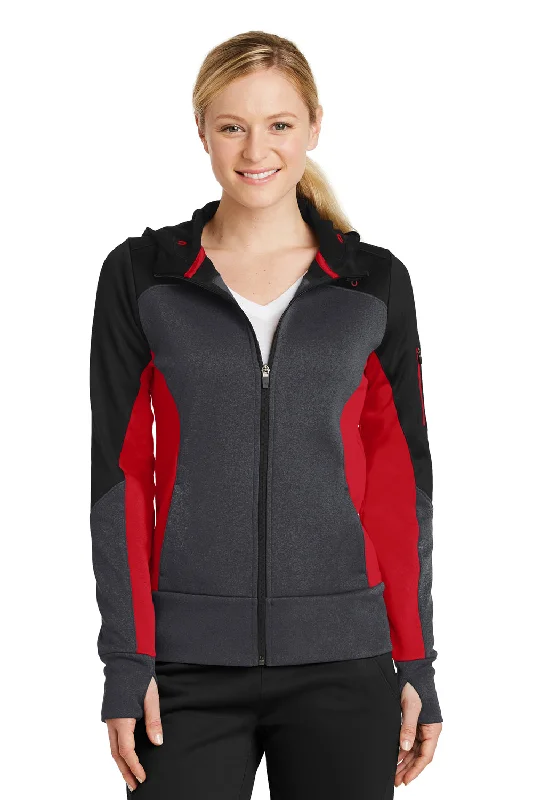 Sport-Tek Womens Moisture Wicking Full Zip Tech Fleece Hooded Jacket - Black/Heather Graphite Grey/True Red