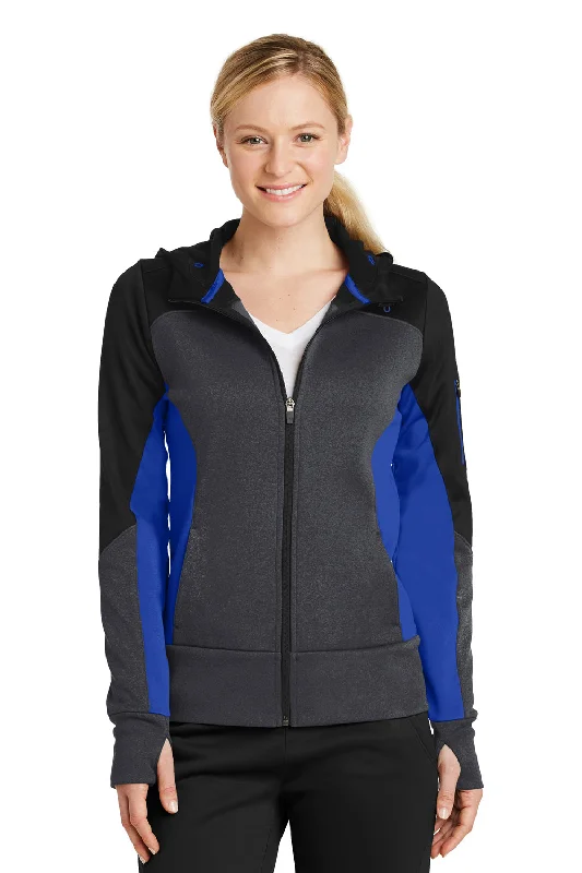 Sport-Tek Womens Moisture Wicking Full Zip Tech Fleece Hooded Jacket - Black/Heather Graphite Grey/True Royal Blue