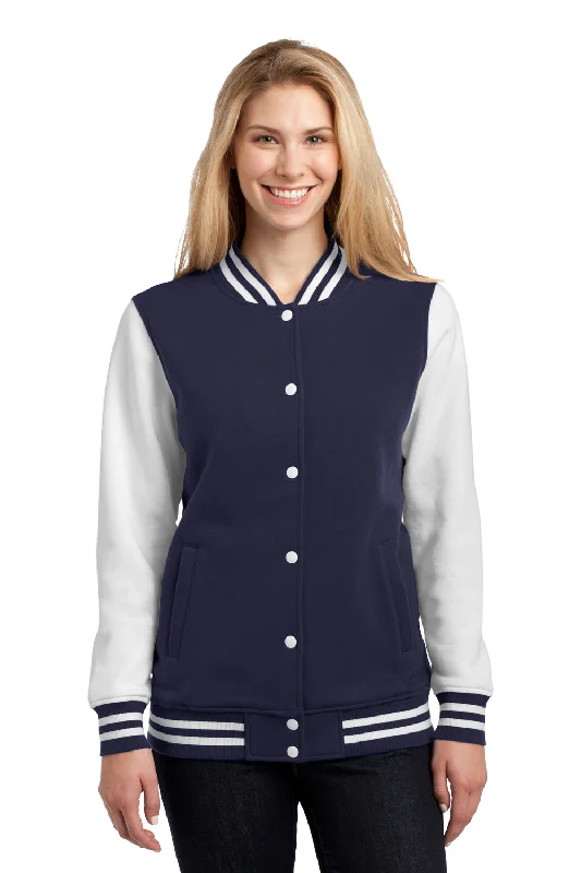 Sport-Tek Womens Snap Down Fleece Letterman Jacket - True Navy Blue/White - Closeout