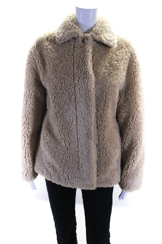 Vince Womens Faux Fur Notched Collar Button Up Jacket Coat Beige