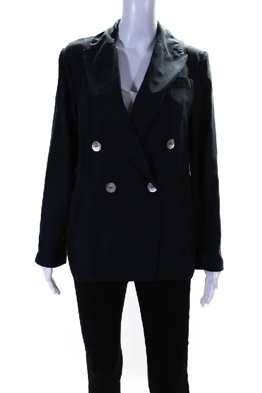 Vince Womens Silk Double Breasted Button Down Jacket Navy Blue