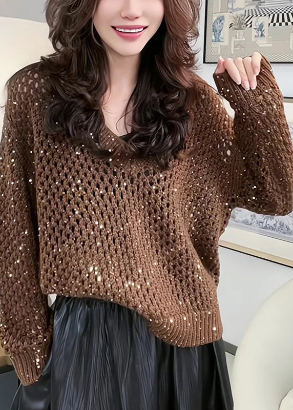 Italian Coffee V Neck Sequins Hollow Out Knit Sweater Tops Spring