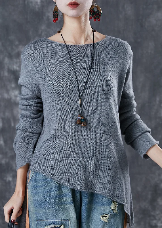 Modern Grey Asymmetrical Design Knit Sweater Spring