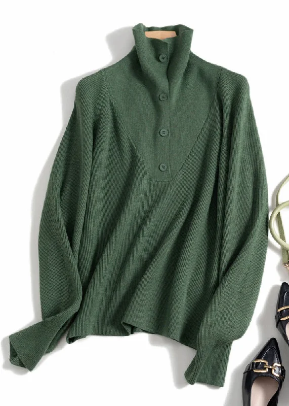 Simple Green Solid Button Wool Knit Top Spring