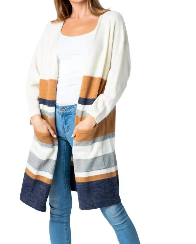 Striped Open Front Cardigan In Brown Multi