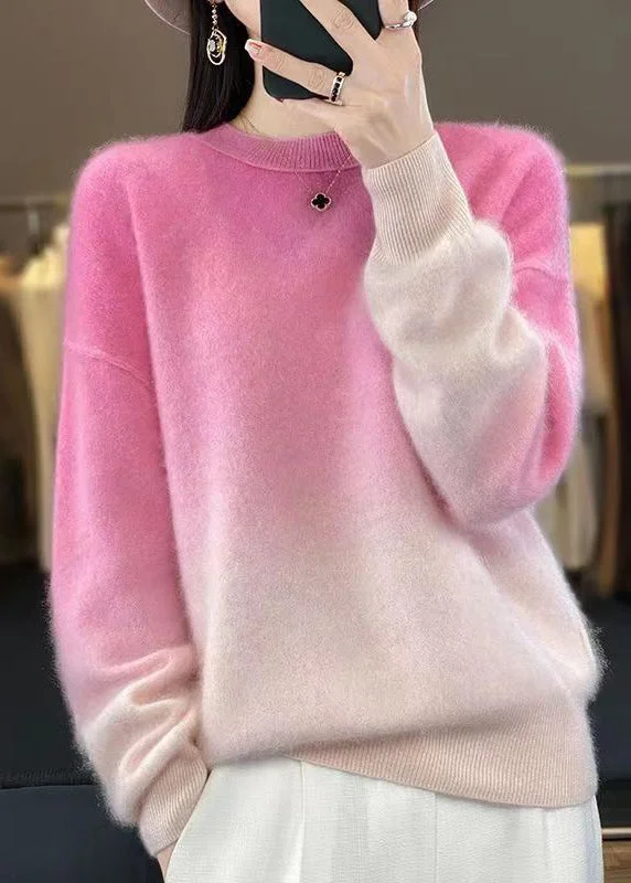 Women Pink Gradient Color O-Neck Cozy Sweaters Long Sleeve