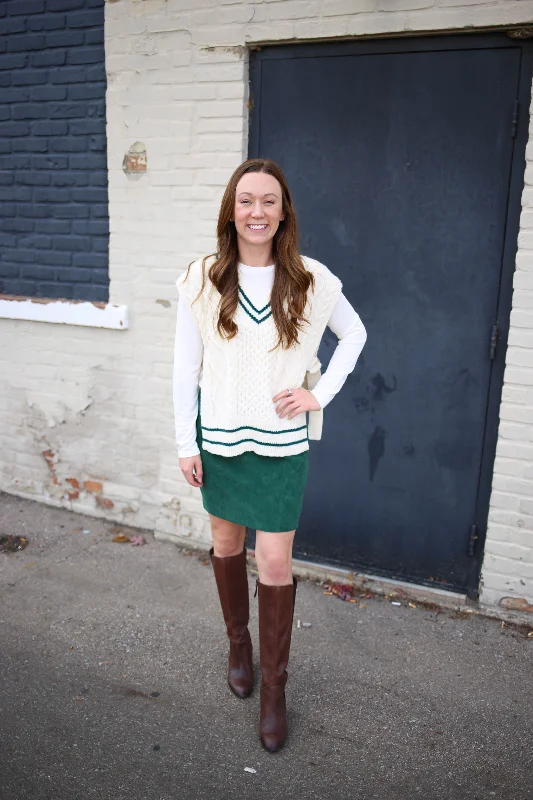 Cream and Hunter Green Varsity Vest | Boutique Elise | Rylan