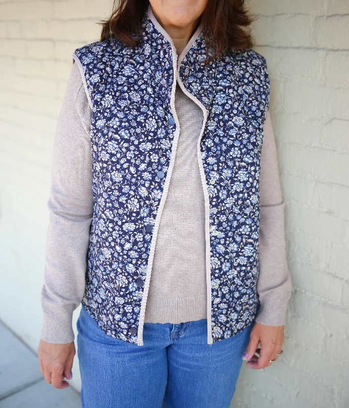 Navy and Taupe Floral Print Quilted Vest | Boutique Elise | Molly