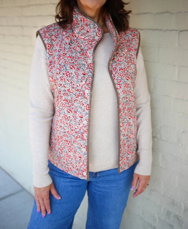 Red and Taupe Floral Print Quilted Vest | Boutique Elise | Quinn