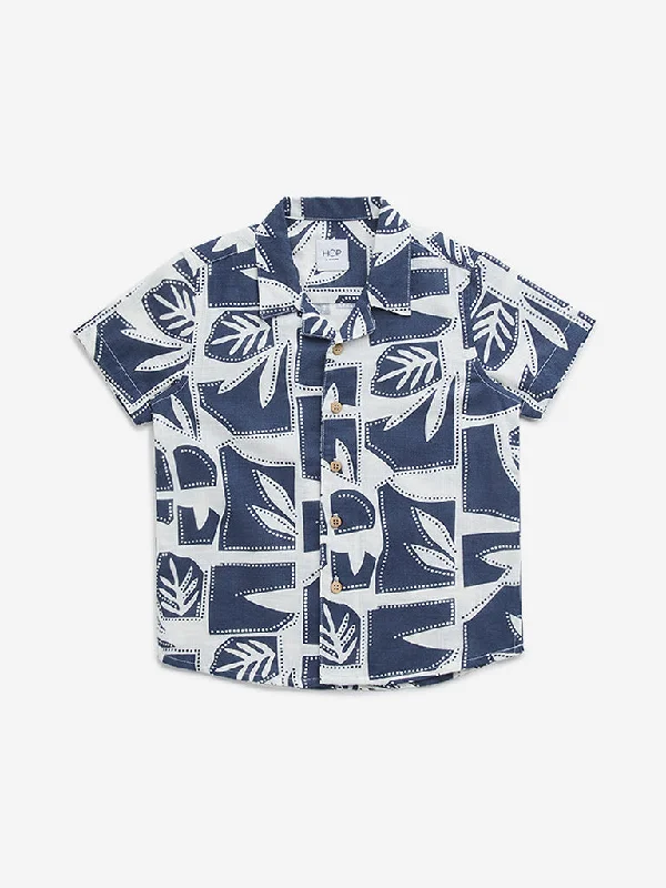 HOP Kids Navy Leaf Design Resort-Fit Cotton Shirt