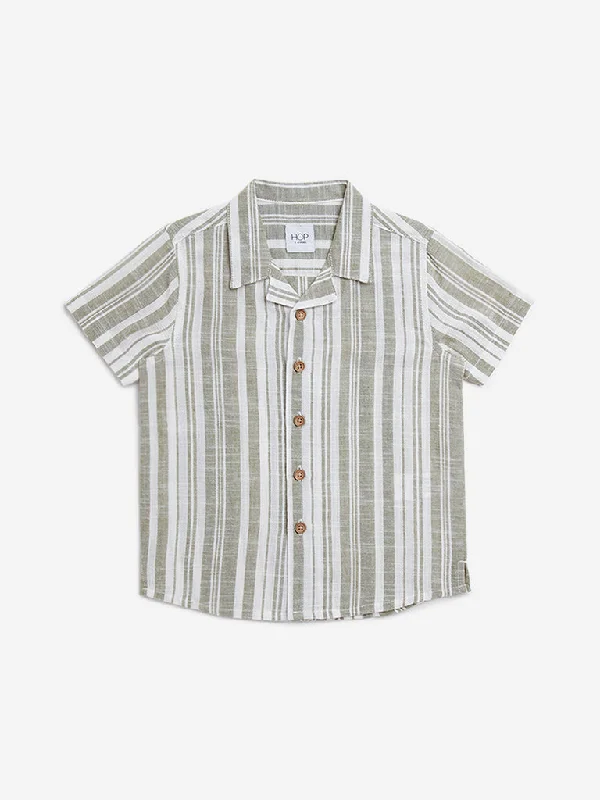 HOP Kids Olive Striped Resort-Fit Cotton Shirt