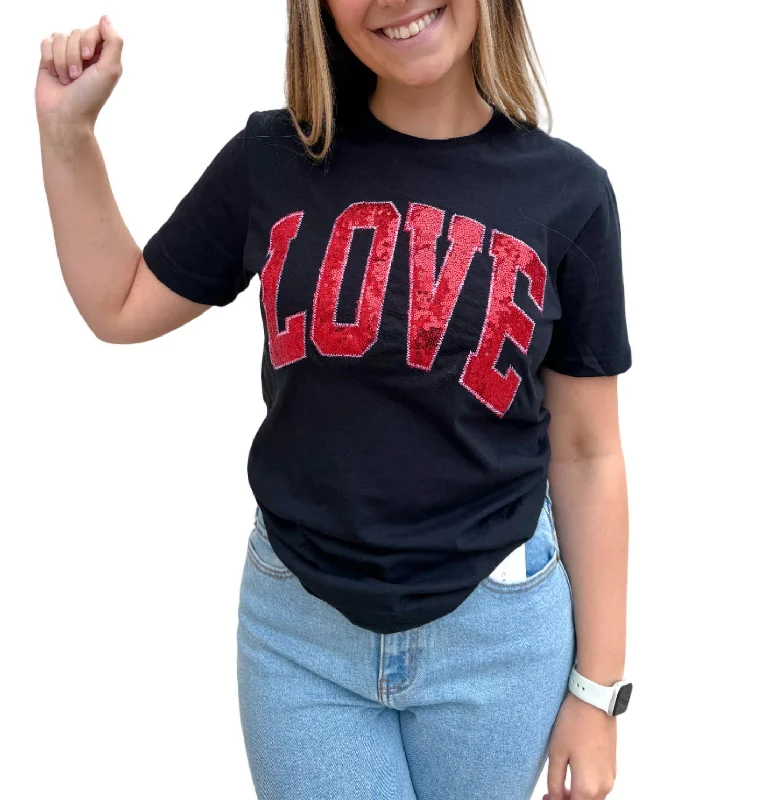 Arched Love Short Sleeve Embroidered Patch Tee In Black