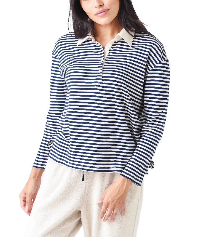 Organic Cotton Long Sleeve Boxy Polo In Indigo Stripe