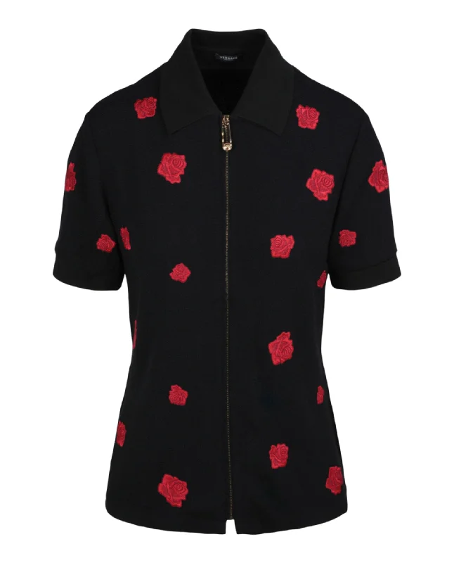 Zip Up Rose Embroidered Short Sleeve Shirt