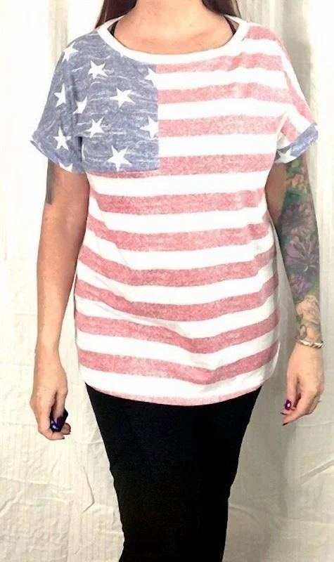 4Th Of July American Flag Print Mixed Round Neck Short Sleeve Top - Made In U.s.a. In Red, White & Blue