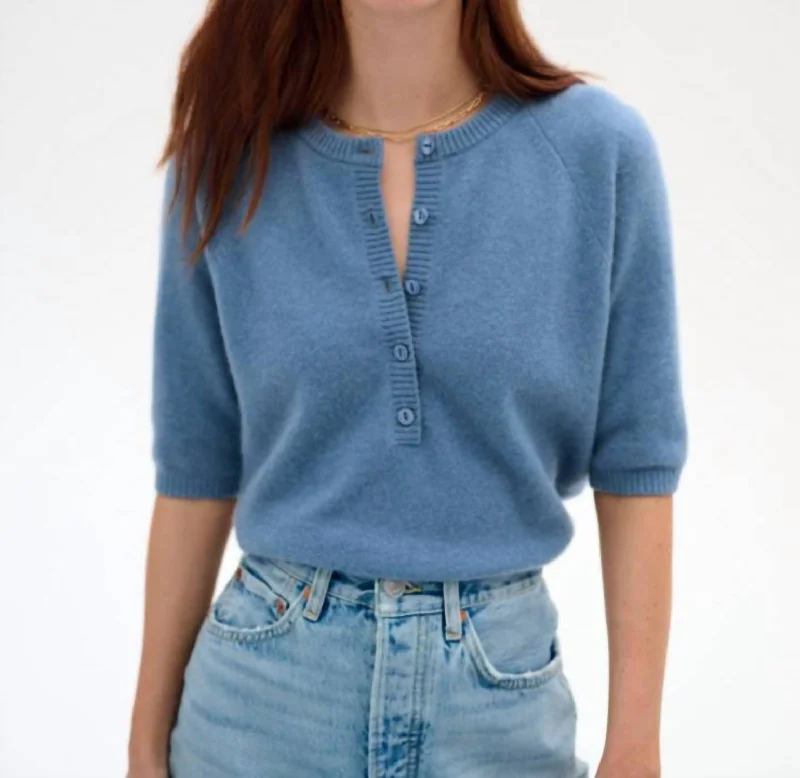 Cashmere Short Sleeve Henley In Blue Thistle