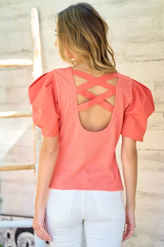 Criss Cross Back Short Sleeve Top - Coral