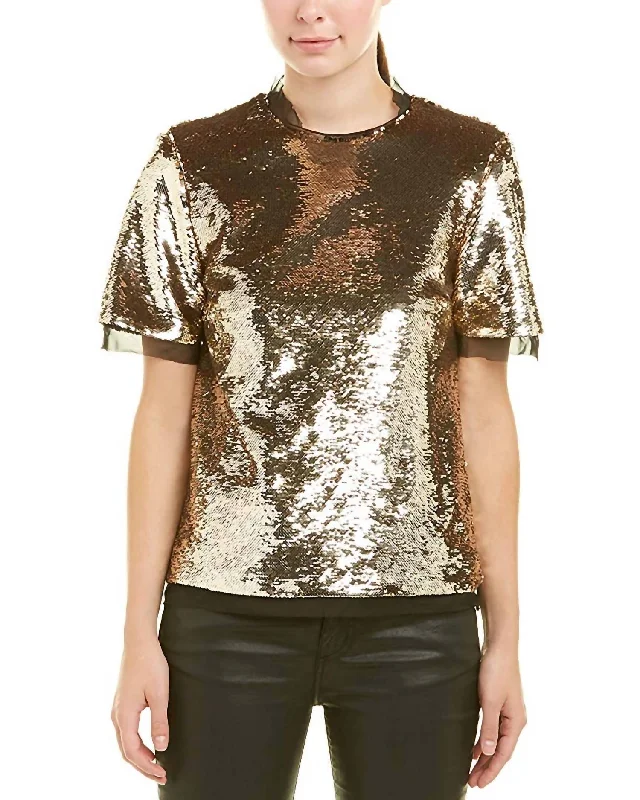 Darted Bust Short Sleeve Chiffon Blouse In Gold Sequin