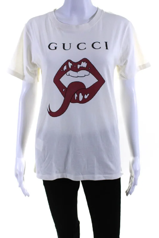 Gucci Womens Forked Tongue Lips Print Short Sleeved Tee Shirt White