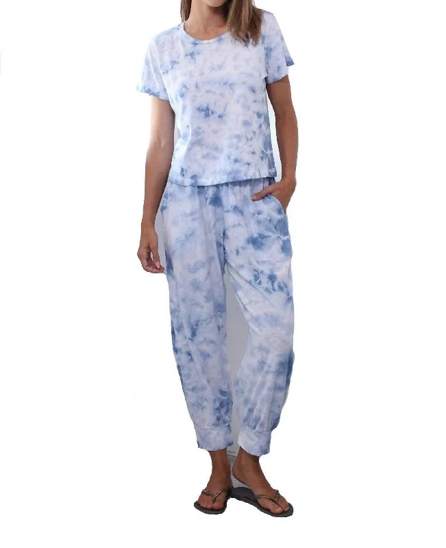 Jojo Cherry Cotton Jogger Paired With Short Sleeve T Shirt Set In Tie Dye Ocean Blue