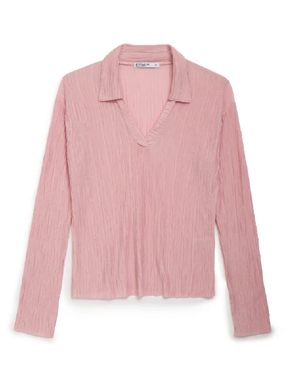 Knit Plisse Long Sleeve Polo in Chalk Pink