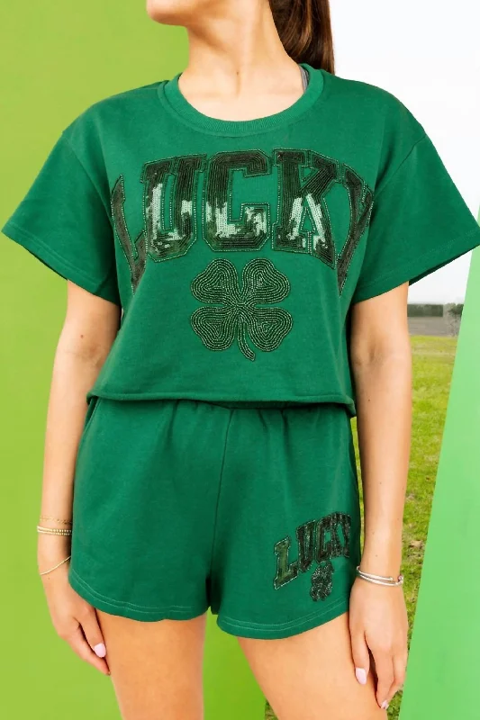 Lucky Short Sleeve Top In Dark Green