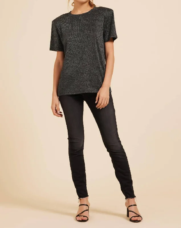 Lurex Padded Shoulder Short Sleeve Tee In Black