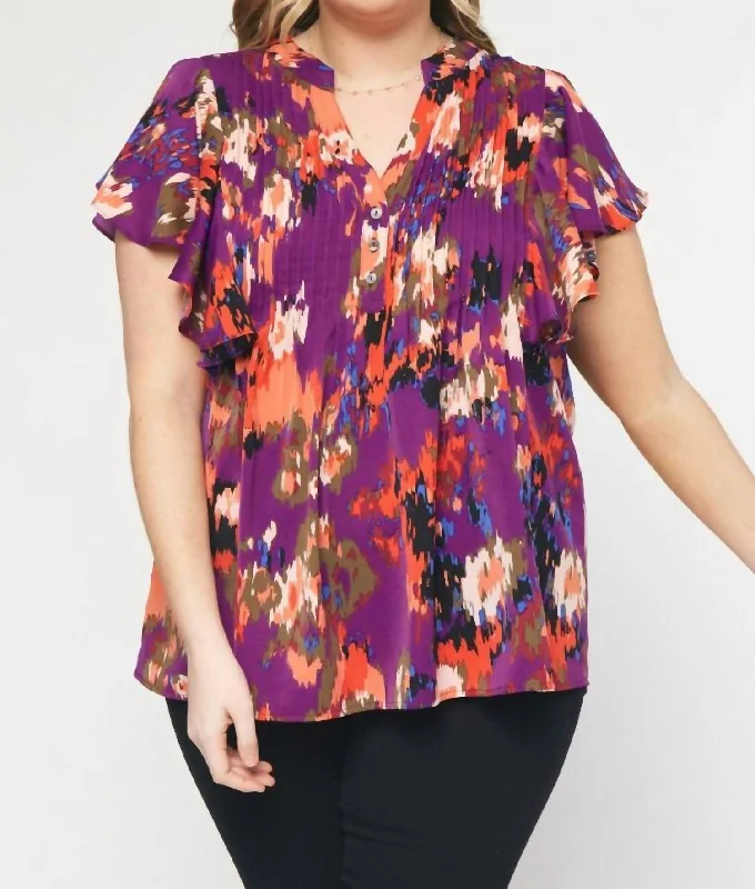 Plus Printed Short Sleeve Top In Plum