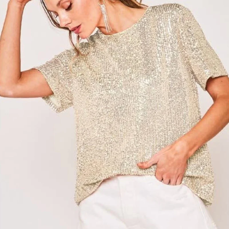 Rachel Sequin Short Sleeve Top In Taupe