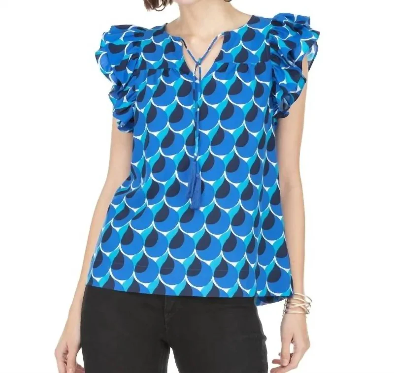 Ruffle Short Sleeve Top In Ocean Pattern