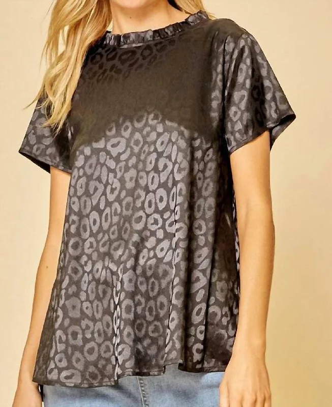 Short Sleeve Satin Leopard Top In Black