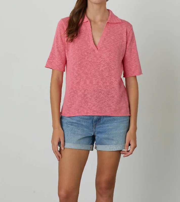 Velvet Linen Polo Torie Top In Rose