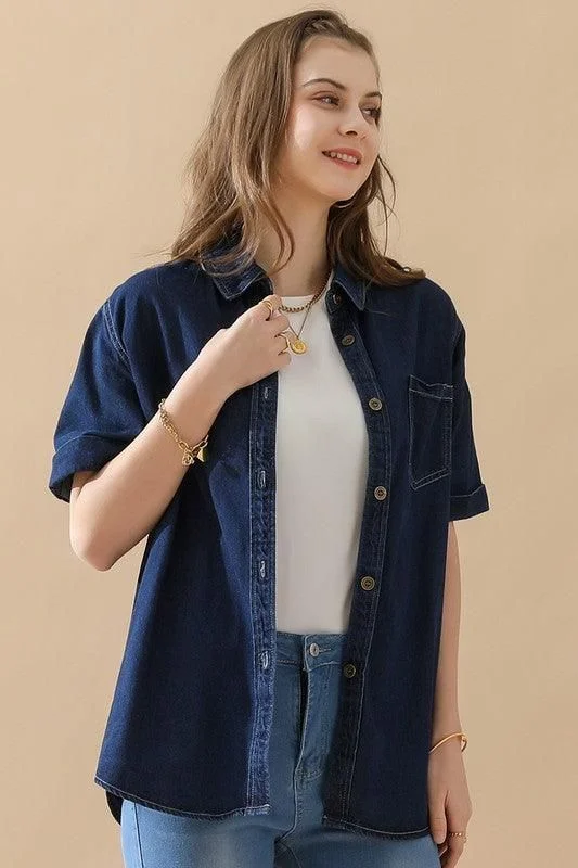 DENIM ROLL UP SHORT SLEEVES ONE POCKET SHIRTS