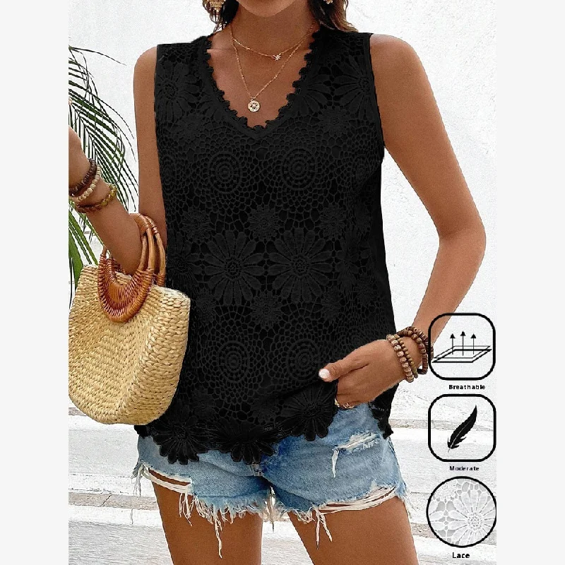 Chic Floral Lace Vest | Slim-Fit Short Sleeve Top