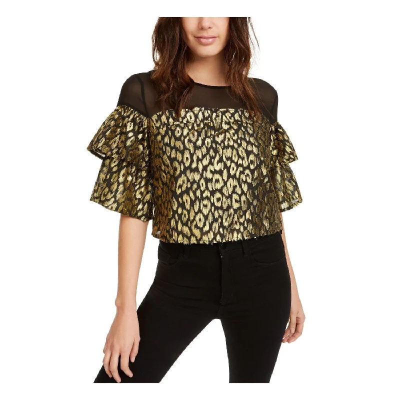 Kendall + Kylie Women's Printed Short Sleeve Illusion Neckline Evening Top Black Size Large