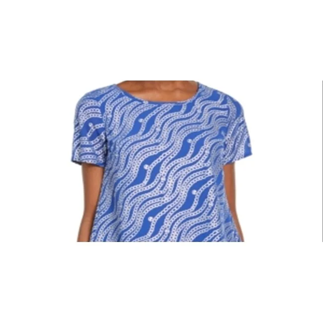 Michael Kors Women's Shimmering Graphic Short Sleeve Jewel Neck Top Blue Size Small