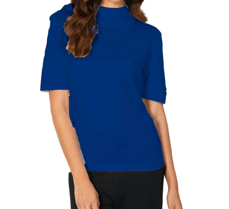 Short Sleeve Mock Neck Top In Cadet