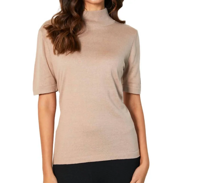 Short Sleeve Mock Neck Top In Sand