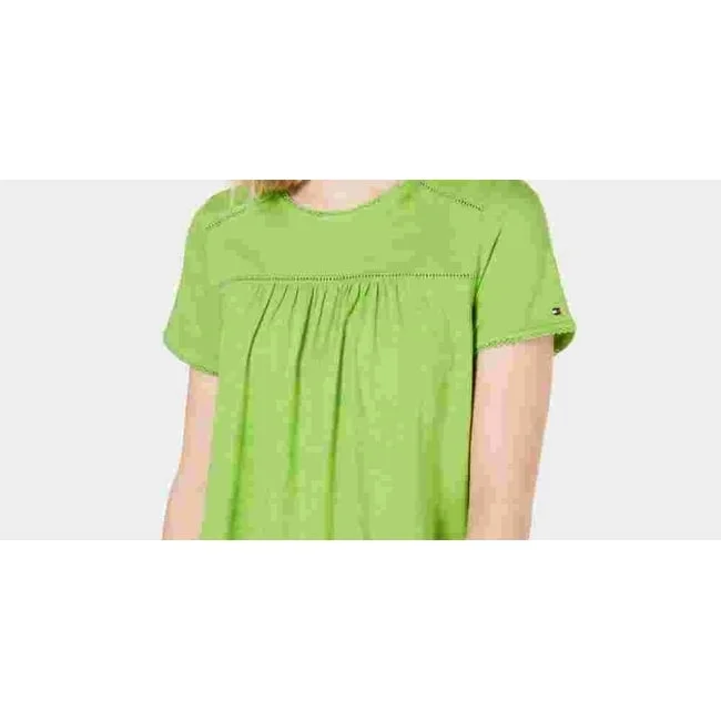 Tommy Hilfiger Women's Short Sleeve Lattice Trim Top Green Size X-Small