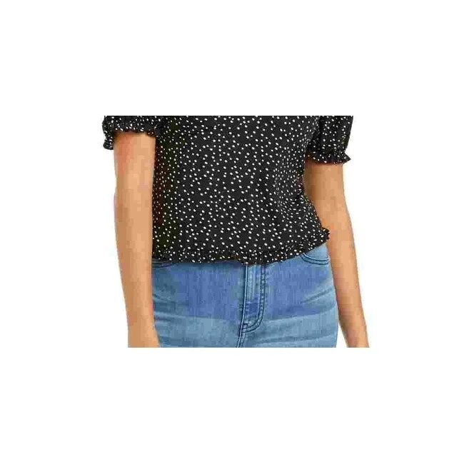 Trixxi Women's Polka Dot Short Sleeve Queen Anne Neckline Top Black Size Medium