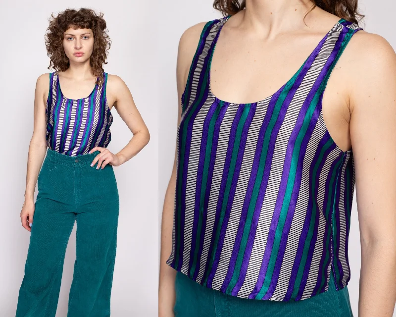 90s Purple & Teal Striped Satin Cropped Tank - Small