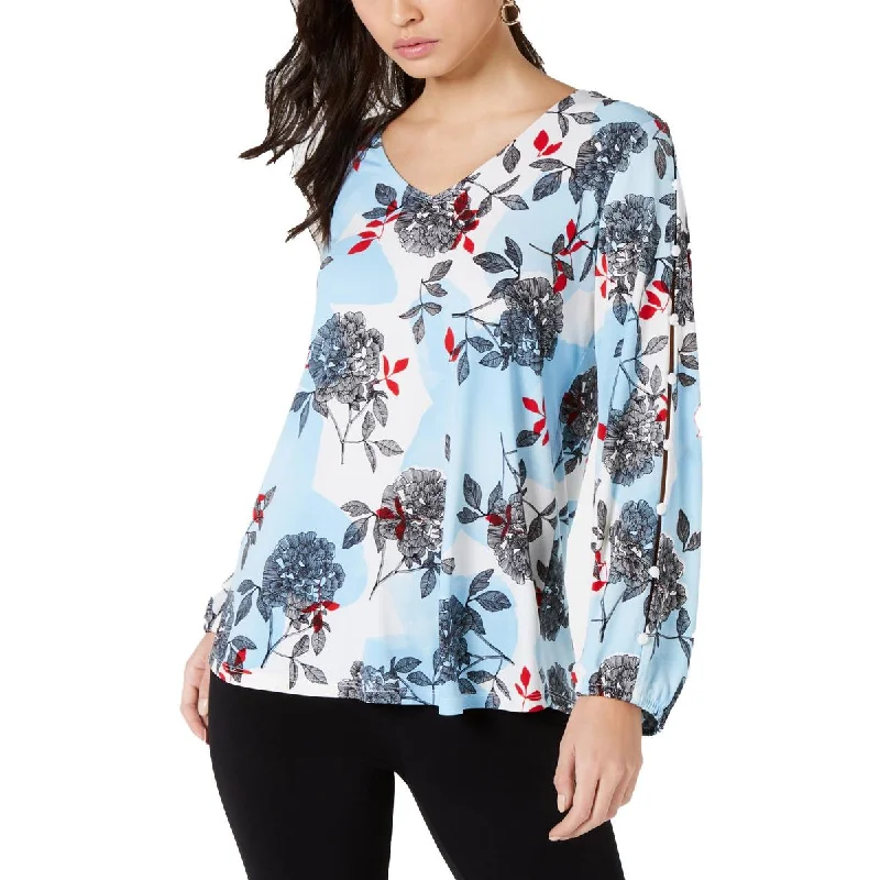 Alfani Womens Printed V-Neck Blouse