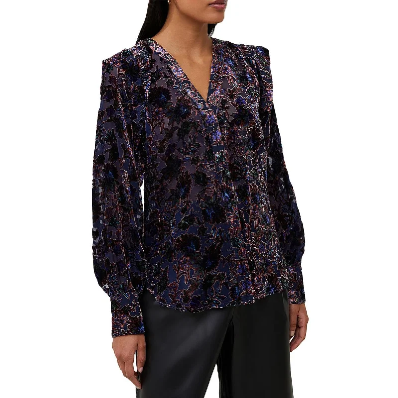 Hayden Womens Velvet V Neck Button-Down Top