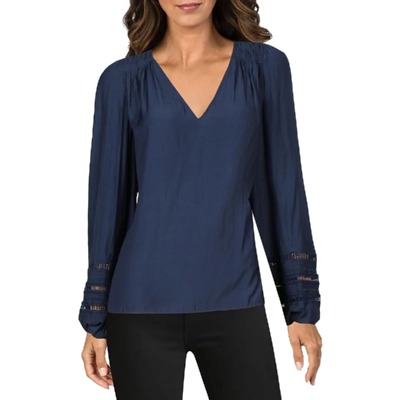 Selma Womens Lace Inset V-Neck Blouse