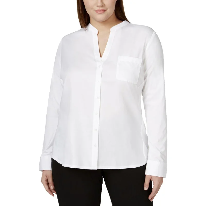 Womens Mixed Media V-Neck Button-Down Top