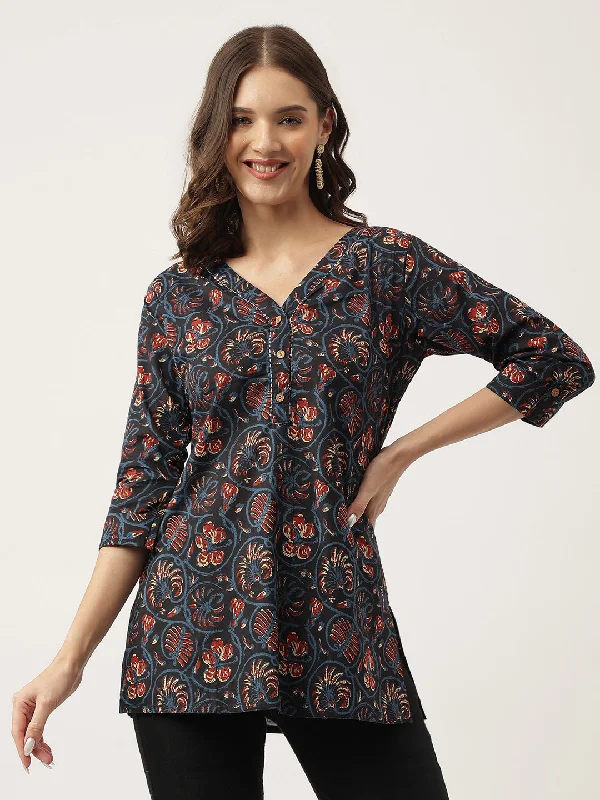 Navy Blue Floral Printed Cotton Peplum fit V-Neck Top